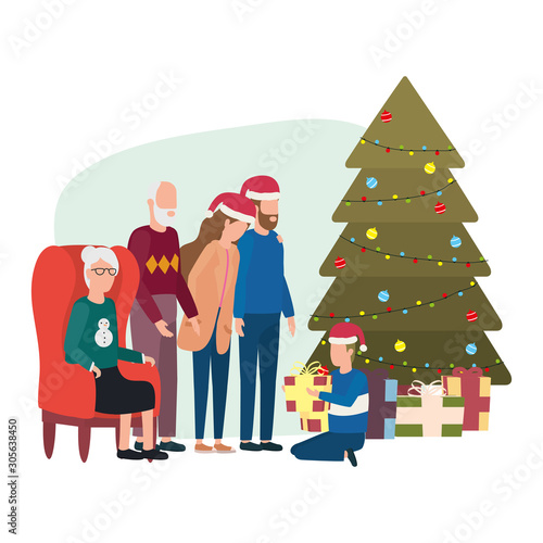 cute family members with christmas pine tree