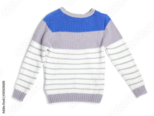 Stylish knitted sweater on white background © Pixel-Shot