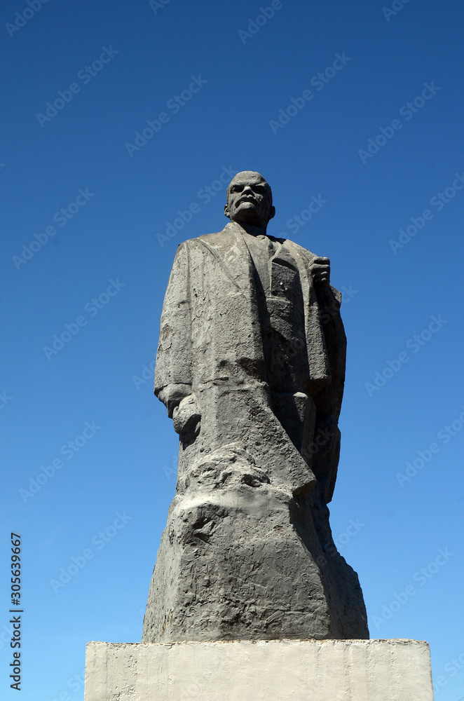 Former Soviet anti-ballistic missile testing range Sary Shagan.Lenin monument from Soviet time. West Bank of Balkhash Lake. Priozersk.Kazakhstan