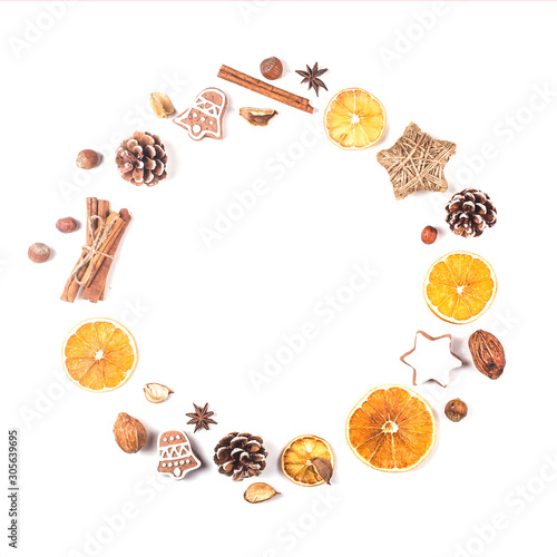 Eco friendly materials and products for Christmas decorations laid out in a circle on a white background. Isolated layout.
