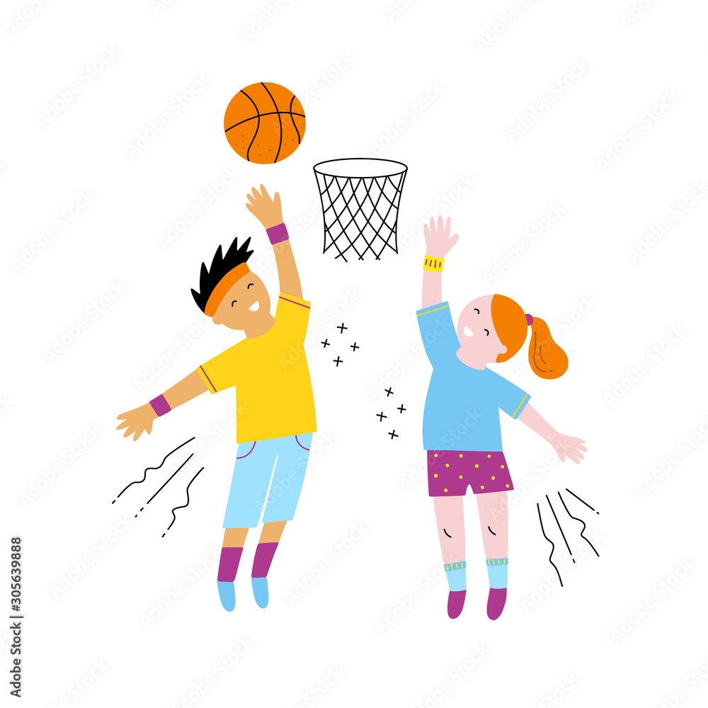 Boy and girl playing basketball vector illustration. Kids with ball and  basket on white background. Funny active sporty children Stock Vector