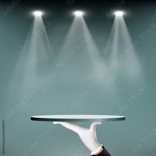 Waiter holding an empty tray. Background for presentation and advertising