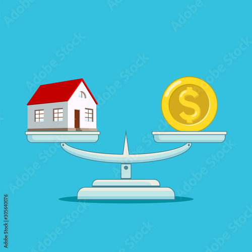 Building a house and dollar coin on the scales