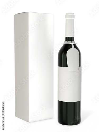 Wine bottle mockup with blank label isolated on white background. A bottle with a hanging tag for your brand and a cardboard packaging box. 3d rendering