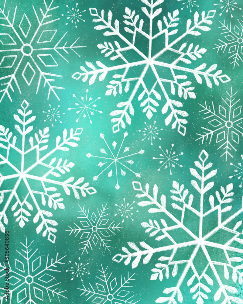 White snowflake mixed media on turquoise background