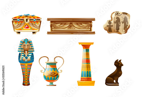 Ancient Egypt set. Egypt old symbols, bust of Nefertiti, painted vase sign of the all-seeing eye, sacred animals cat, tomb, sarcophagus, sacred cross, sculpture cartoon vector illustration