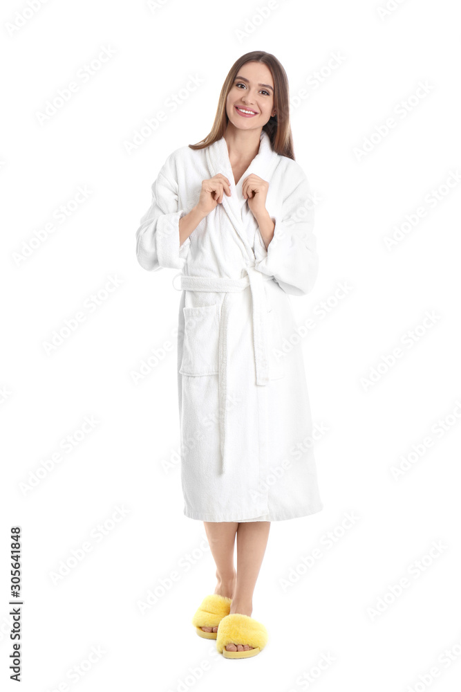 Young woman in bathrobe on white background Young woman in bathrobe on white background