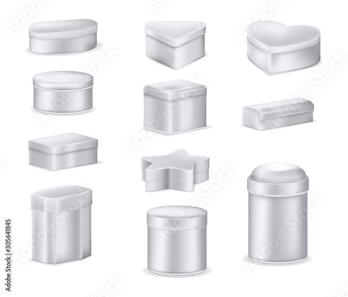 Realistic metal box mockup set. Aluminum containers boxes different shapes oval, round low jar, high cylindrical can, tea square heart star metal box for storing accessories, gifts, products vector
