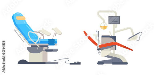 Hospital medical equipment. Gynecological chair, medical dental arm-chair. Equipment dentist chair for dental treatment, toothache vector illustration isolated on white background