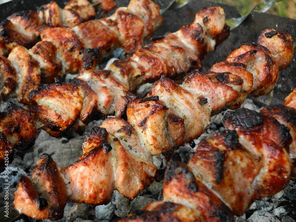 Pork skewers on grill with coals, cooking process