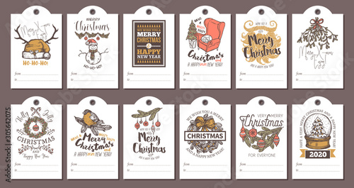 Big collection or bundle of christmas cards, posters, covers, labels and emblems. Drawing festive holiday party invitations and greeting postcards with vector santa hat, bullfinch, mistletoe