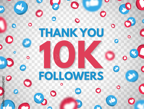 Thank you 10k followers background with falling likes and thumbs up icon. 10 000 followers celebration banner. Social media concept. Achievement poster. Counter notification. Vector illustration photo