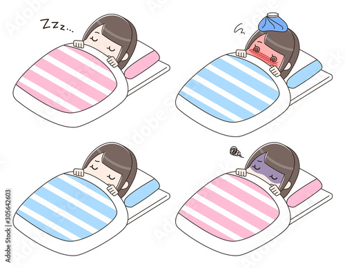  布団で寝る女性　セット