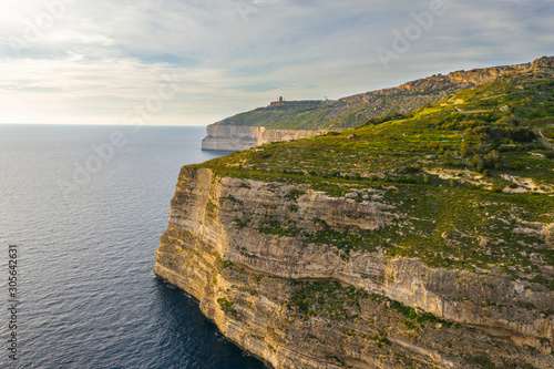 Aerial view of Dingli cliffs. Winter, sunset. Malta country