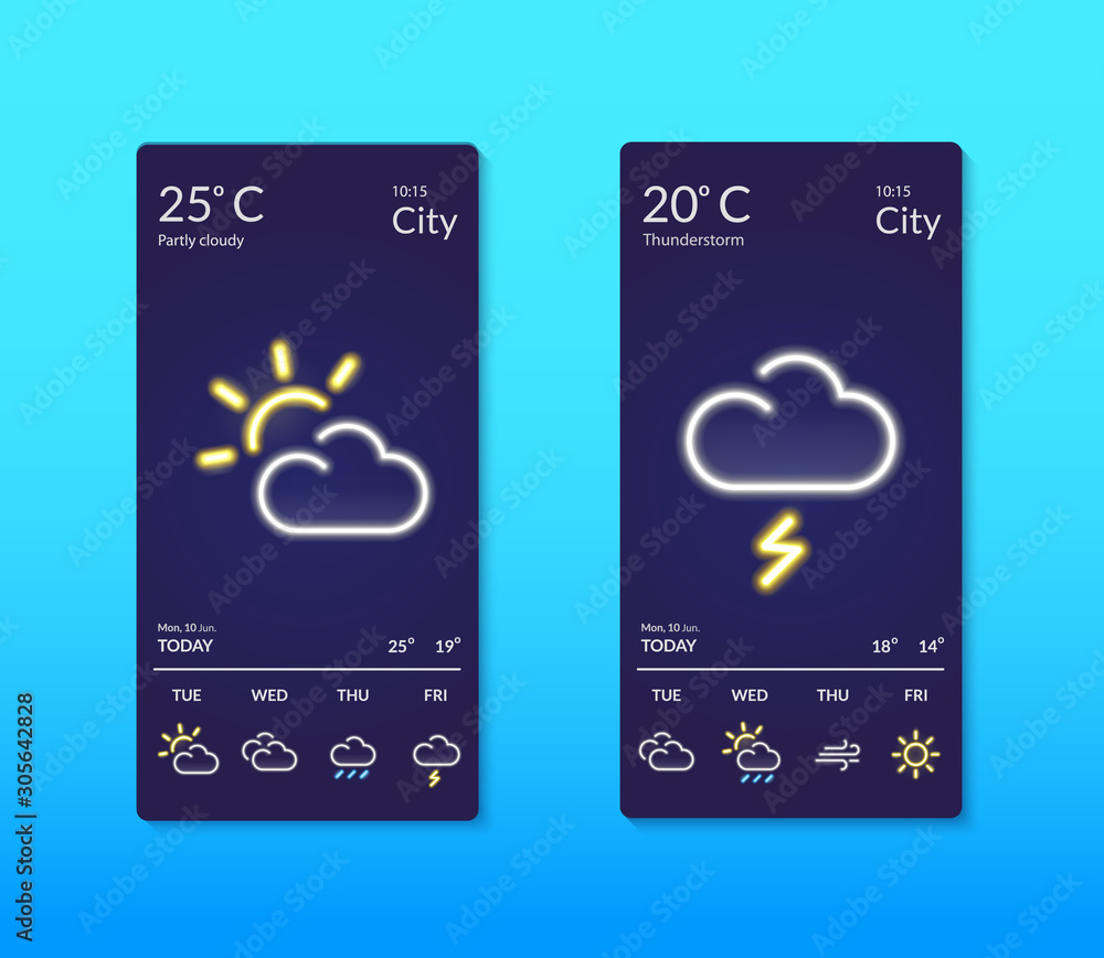 Smartphone screens with weather forecast. Neon effect. - obrazy, fototapety, plakaty 
