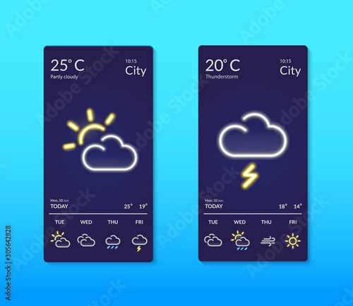 Smartphone screens with weather forecast. Neon effect.