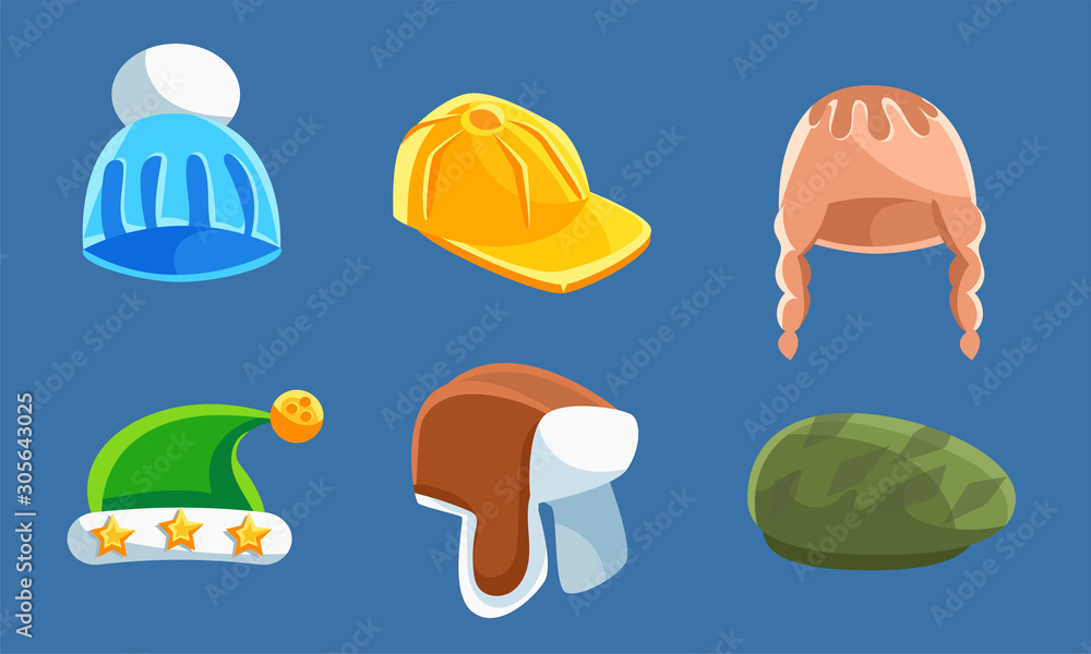 Set With Different Kind Of Hats And Headwears Vector Illustration Cartoon Character Set With Different Kind Of Hats And Headwears Vector Illustration Cartoon Character