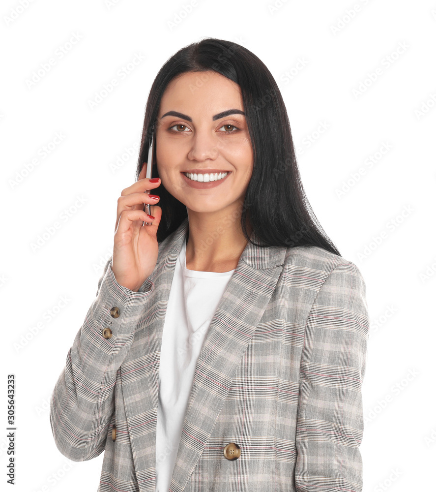 Beautiful young businesswoman talking by phone on white background Beautiful young businesswoman talking by phone on white background