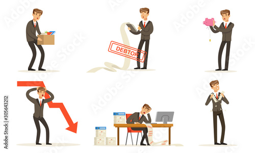 Office Worker Failures And Losses, Bankruptcy Vector Illustration Set Isolated On White Background