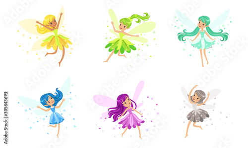 Set Of Flying Pixies Of Many Colors And Poses Vector Illustration Cartoon Character