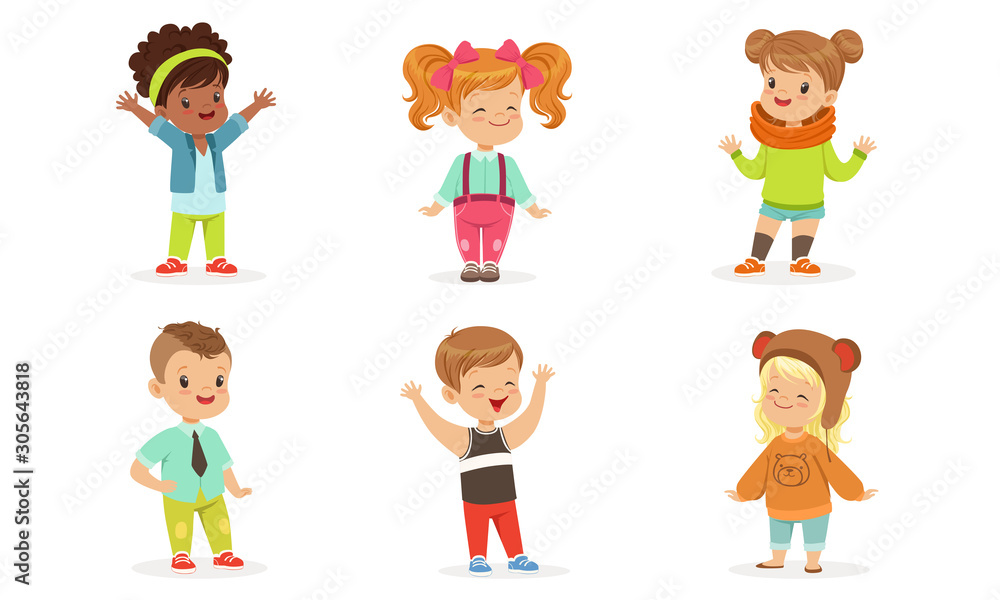 Set Of Pretty Toddlers In Colorful Wears In Motion Vector Illustration Set Cartoon Character