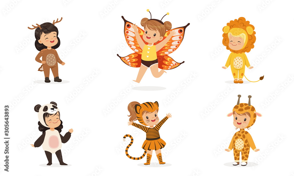 Obraz premium Cute children in carnival costumes of animals and butterflies. Vector illustration.