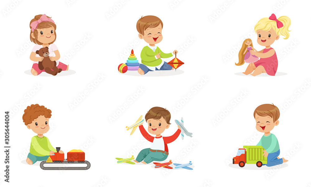 Toddlers play with different toys. Vector illustration. Toddlers play with different toys. Vector illustration.