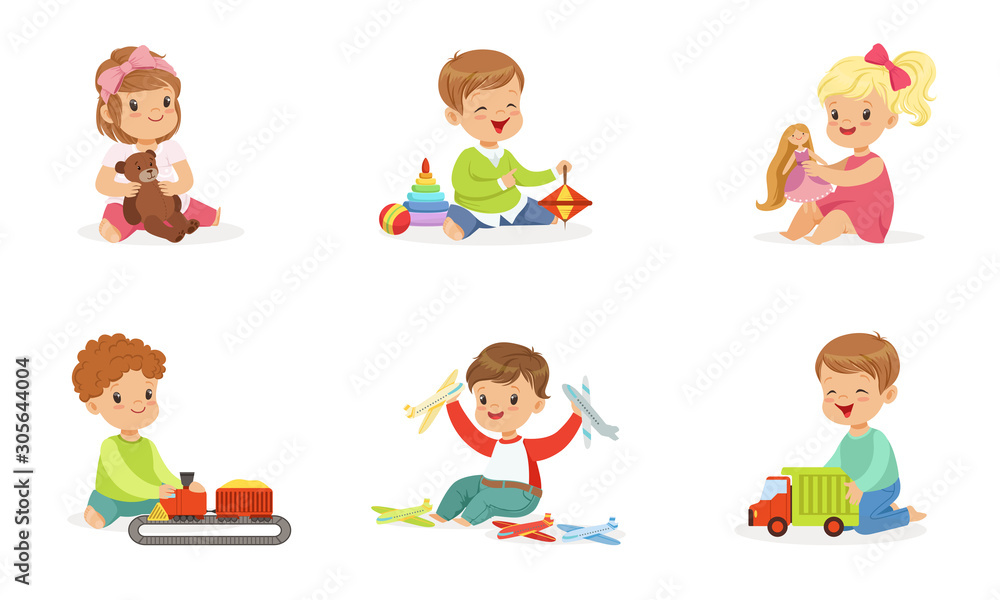 Toddlers play with different toys. Vector illustration.