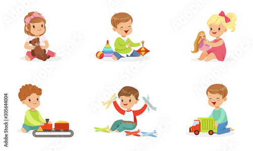 Toddlers play with different toys. Vector illustration.