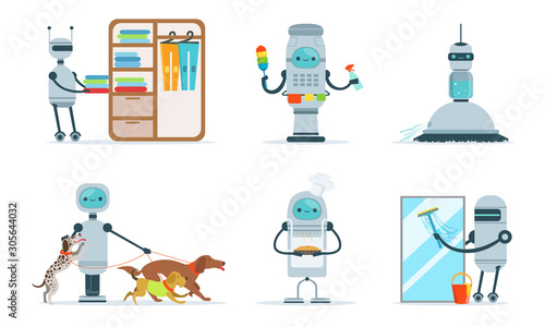 Good gray robots do housework. Vector illustration.