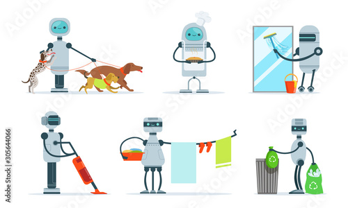 Cute robots do different housework. Vector illustration.
