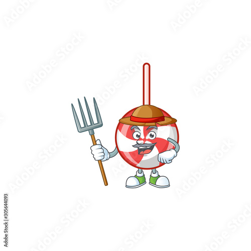 Farmer striped peppermint candy cartoon character with hat and tools