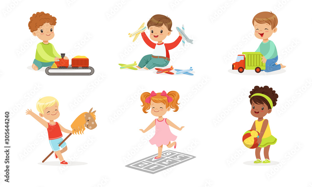 Children play with different toys. Set of vector illustrations.