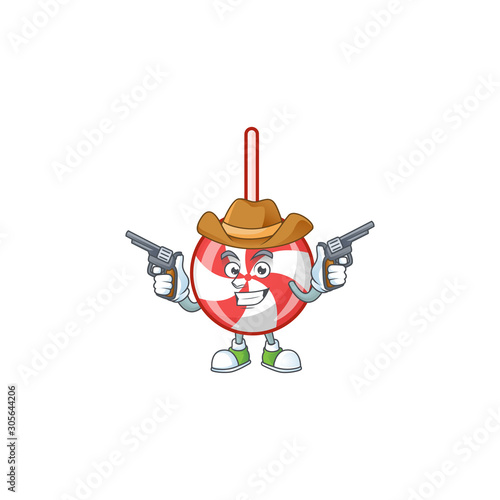 Striped peppermint candy cartoon character as a Cowboy holding guns