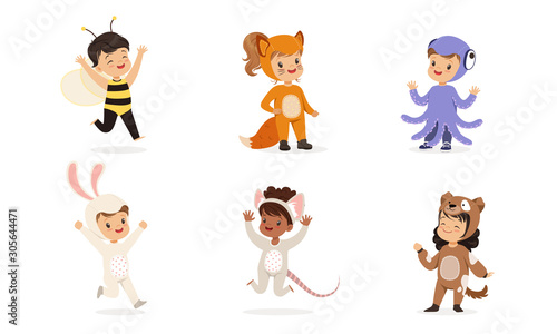 Children in costumes of different animals. Set of vector illustrations.