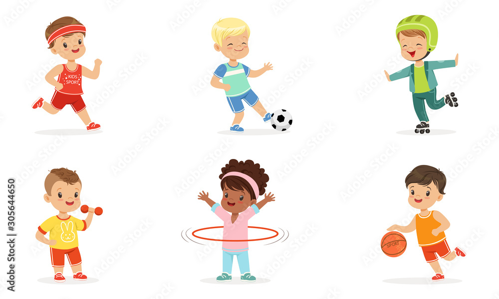 Children in different sports uniforms. Set of vector illustrations. Children in different sports uniforms. Set of vector illustrations.