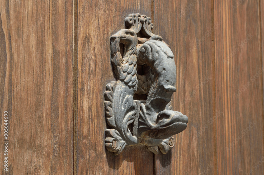 Iron zoological door knob on the ancient wooden door