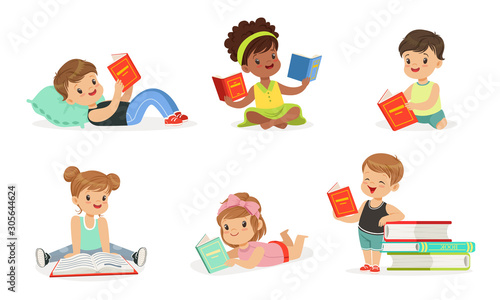 Boys and girls read books. Set of vector illustrations.