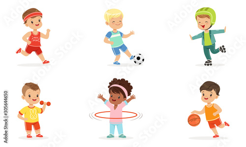 Children in different sports uniforms. Set of vector illustrations.