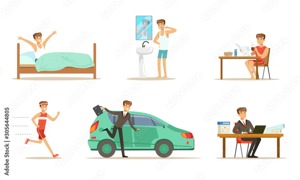 Morning routine of a mans day. Set of vector illustrations.