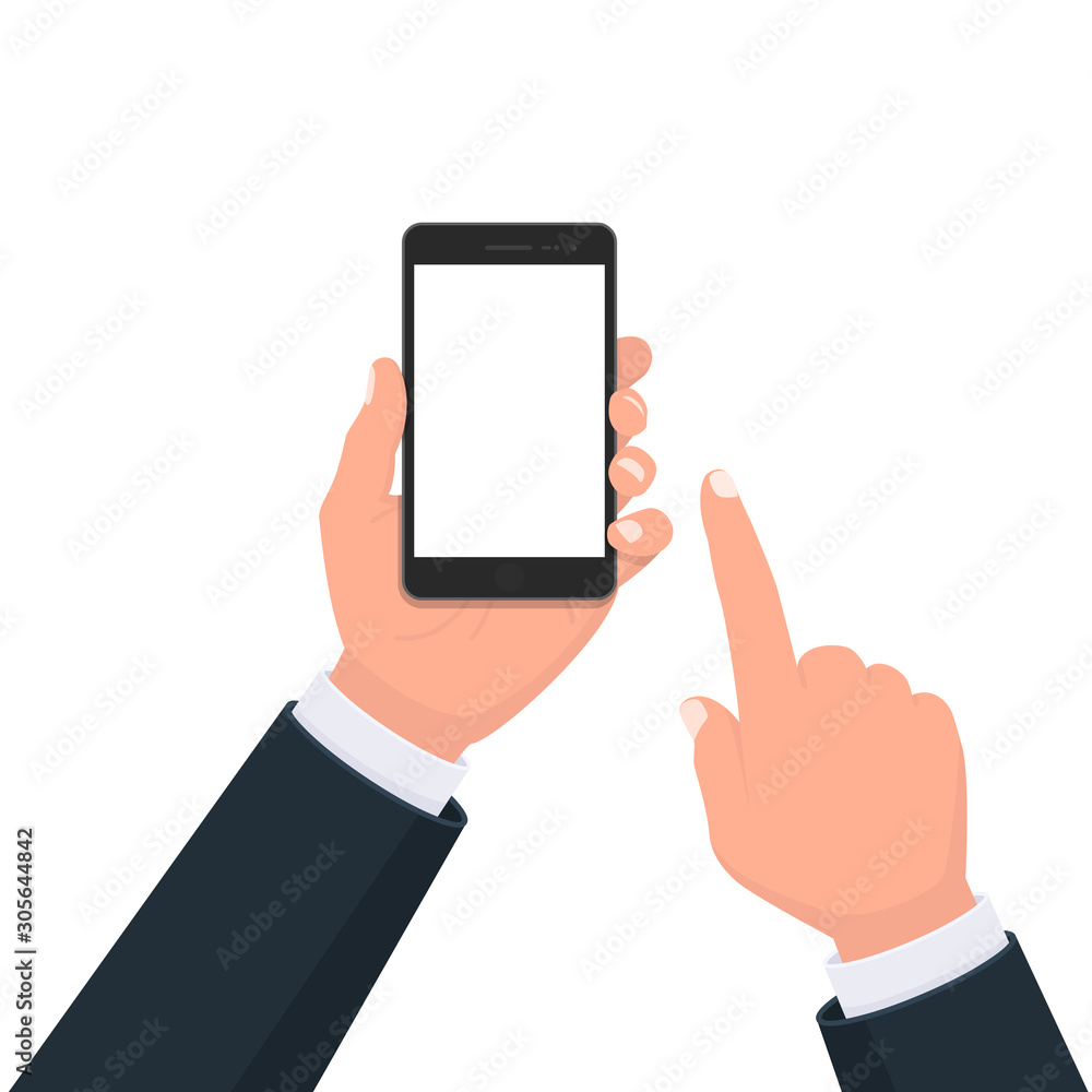 Person hand holding the black smartphone with blank screen display. Hand finger touching phone mobile screen. Modern lifestyle, digital technology cell phone concept illustration in cartoon style.