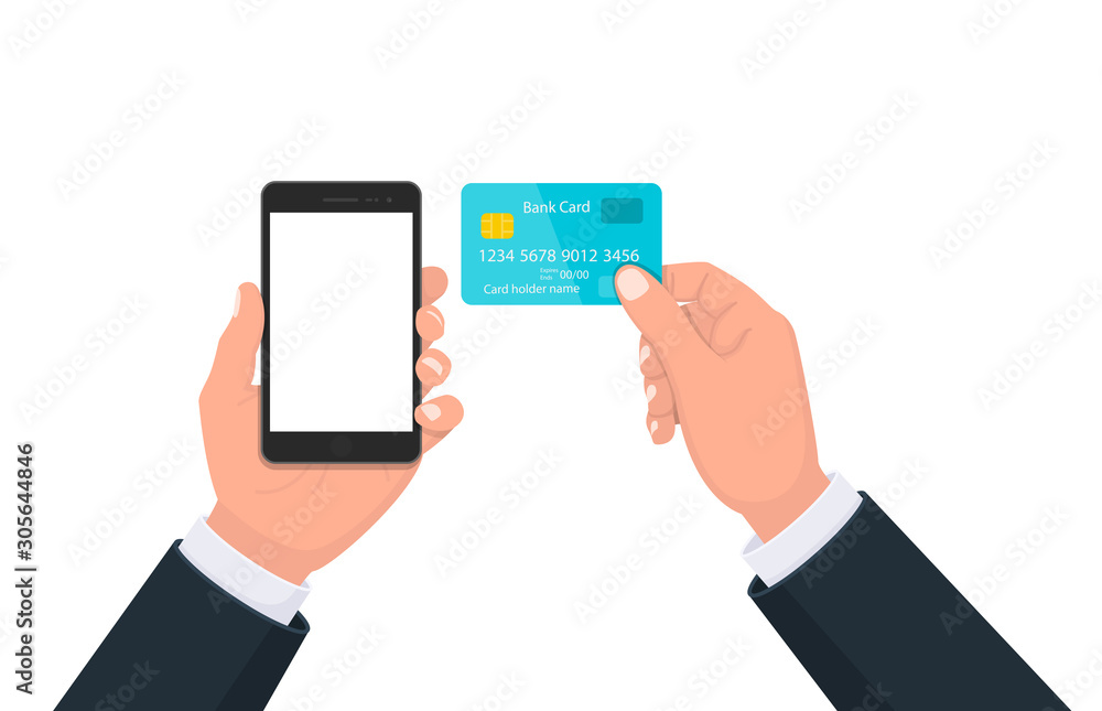 People hand holding the black smartphone with blank screen display and showing credit, debit, ATM, bank card. Modern lifestyle, digital technology cell phone concept illustration in cartoon style.