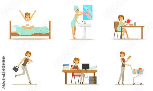 Daily routine for a woman. Set of vector illustrations.