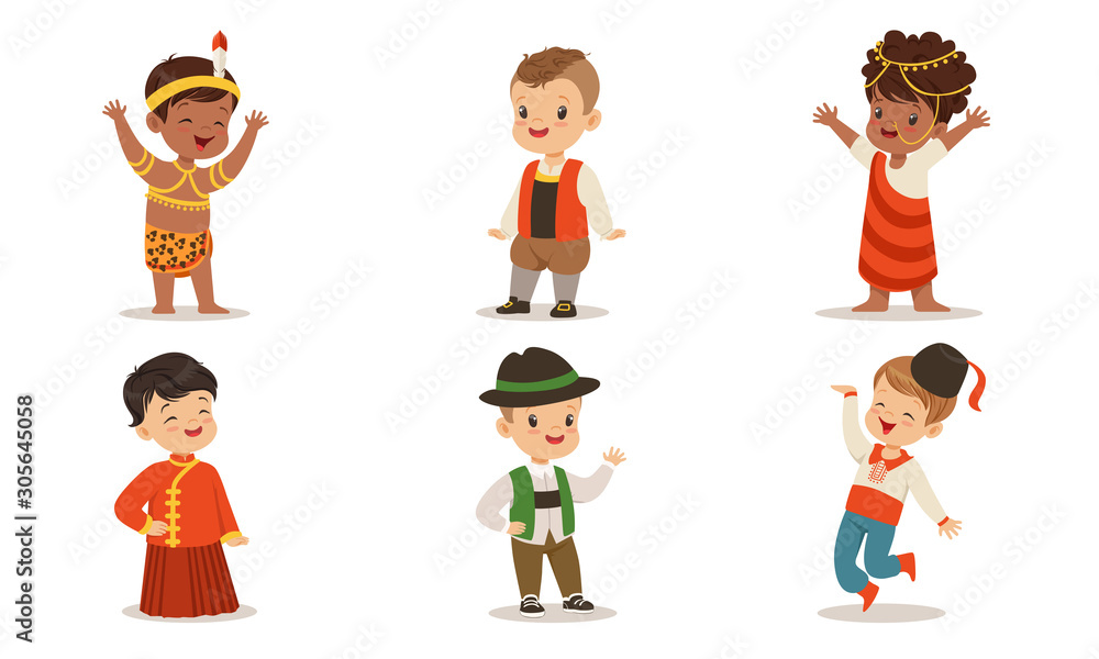 Children in costumes of different nations of the world. Set of vector illustrations. Children in costumes of different nations of the world. Set of vector illustrations.