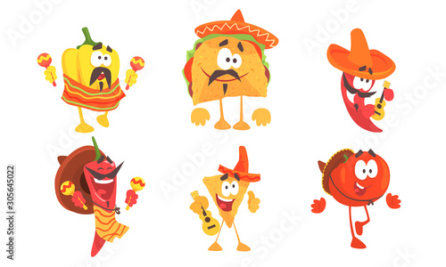 Cartoon mexican food in poncho and sombrero. Set of vector illustrations.