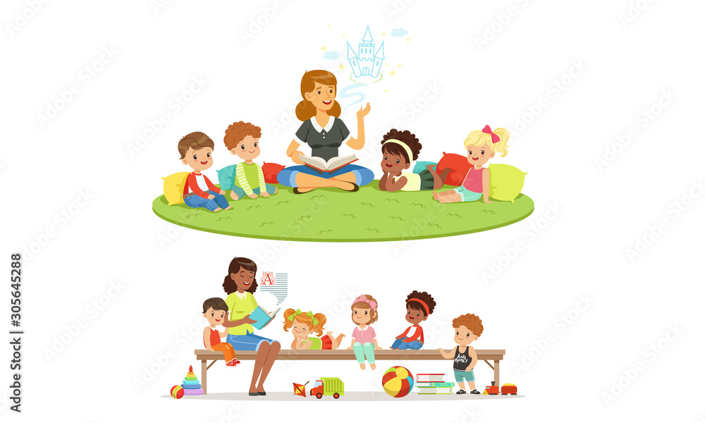 Kindergarten teacher reads a fairy tale. Set of vector illustrations. Kindergarten teacher reads a fairy tale. Set of vector illustrations.