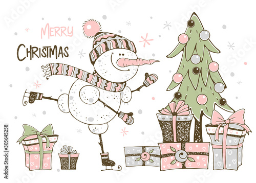 Christmas card with cute snowman Christmas tree and gifts. Vector