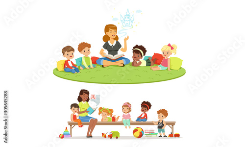 Kindergarten teacher reads a fairy tale. Set of vector illustrations.