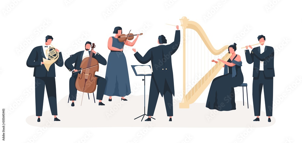 Symphony orchestra flat vector illustration. Professional musicians playing  musical instruments on stage with conductor. Classical music concert.  Violin, cello, clarinet, harp and french horn players. Stock Vector | Adobe  Stock