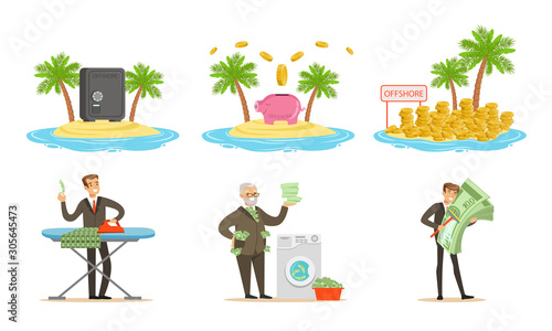 Symbols of offshore and illegal money laundering. Set of vector illustrations.